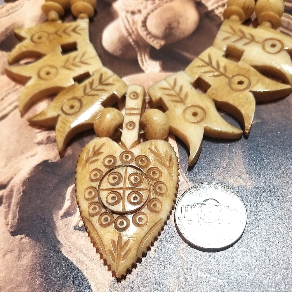Antiq African Tribal ADINKRA Symbol Hand Carved Bone Necklace